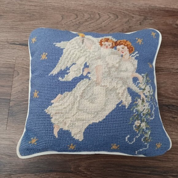 Needlepoint Petit Point Pillow Angels Stars Blue W/Ivory Zip Backing 10 X 10 - Picture 1 of 6
